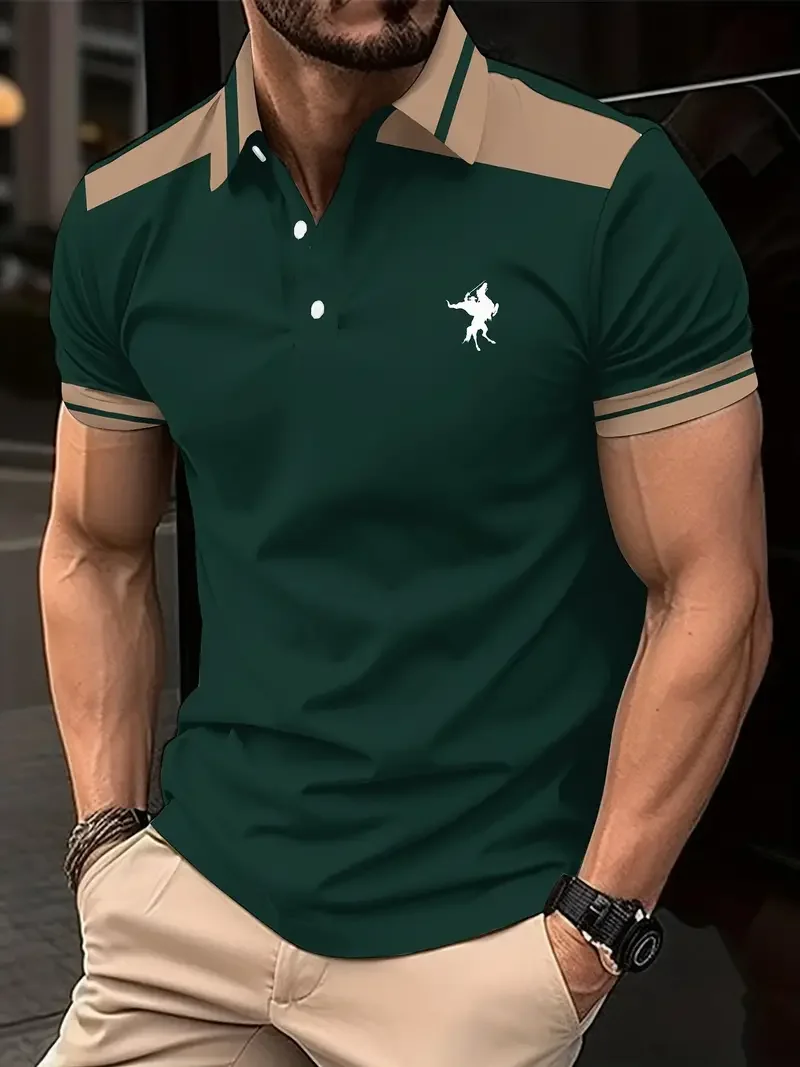 Camisa de golf de manga corta con solapa y bloques de color para hombre, estilo informal, ligera elasticidad, regular, holgada, para verano