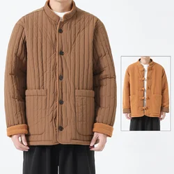 Vintage Quilted Cotton Parkas Men's Solid Color Standing Collar Coats Chinese Style Harajuku Plush Couple Jacket Wear Both Sides