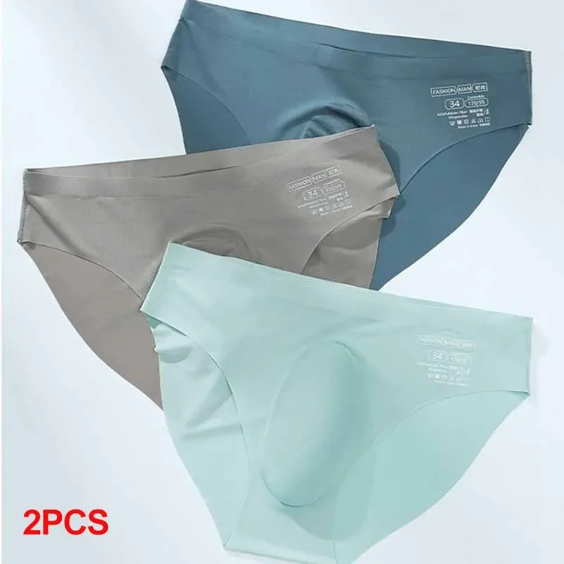 2PCS Men's Ice Silk Seamless Briefs Summer New Ultra-thin Transparent Sexy Quick-drying Trendy Breathable Underwear Panties