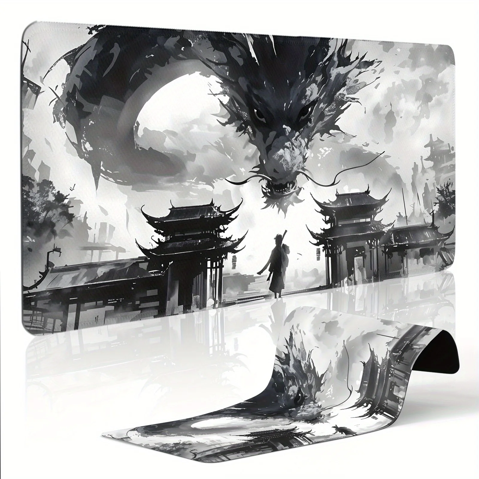 Black and White Japanese Wave Dragon Gaming Mouse Pad Abstract Anime Pad with Non-slip keyboard Desk Mat for Office and Home