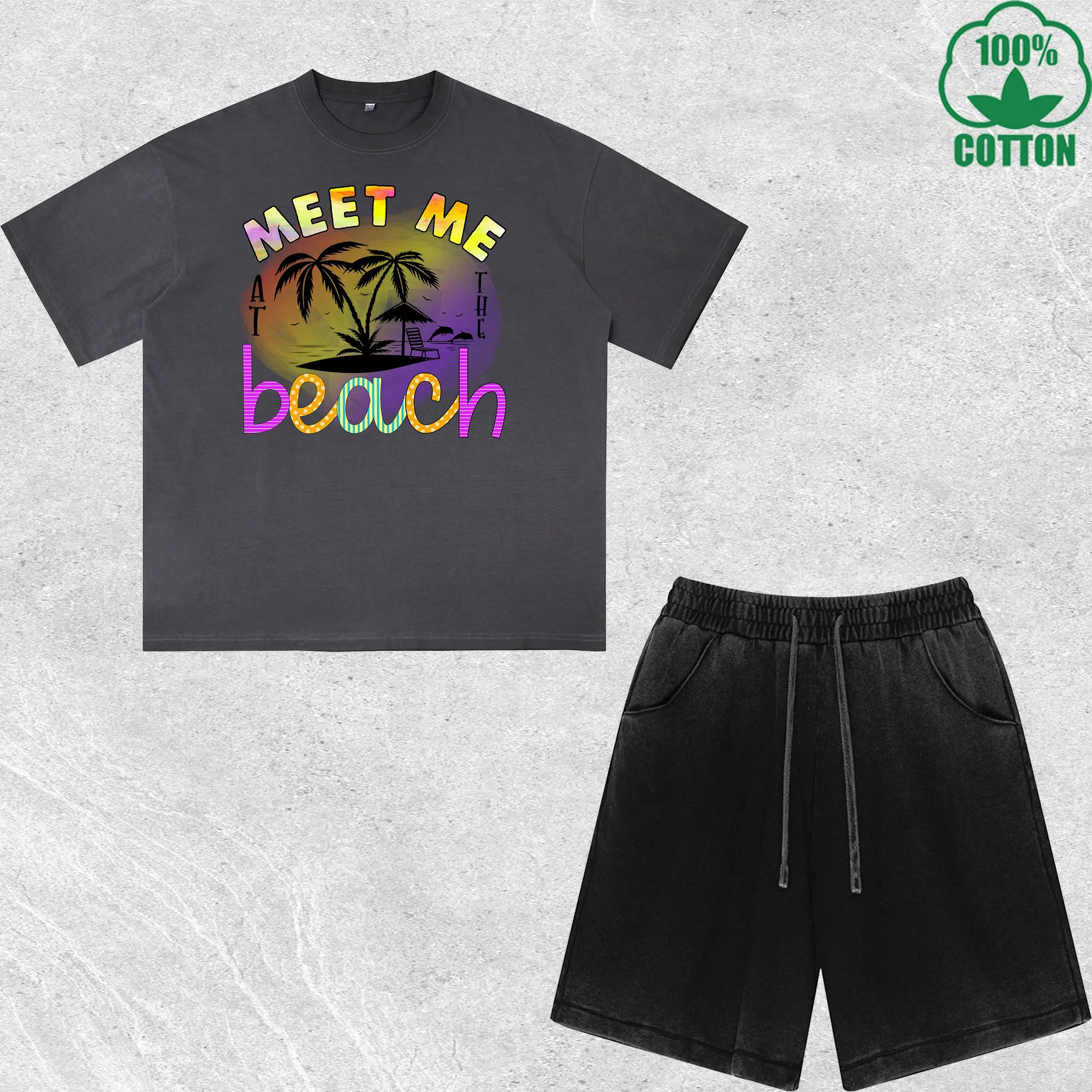 

Meet Me Beach Printed Dirty Wash T-Shirt Shorts Set Multicolor Combo Loose Trendy Fashionable 100%Cotton