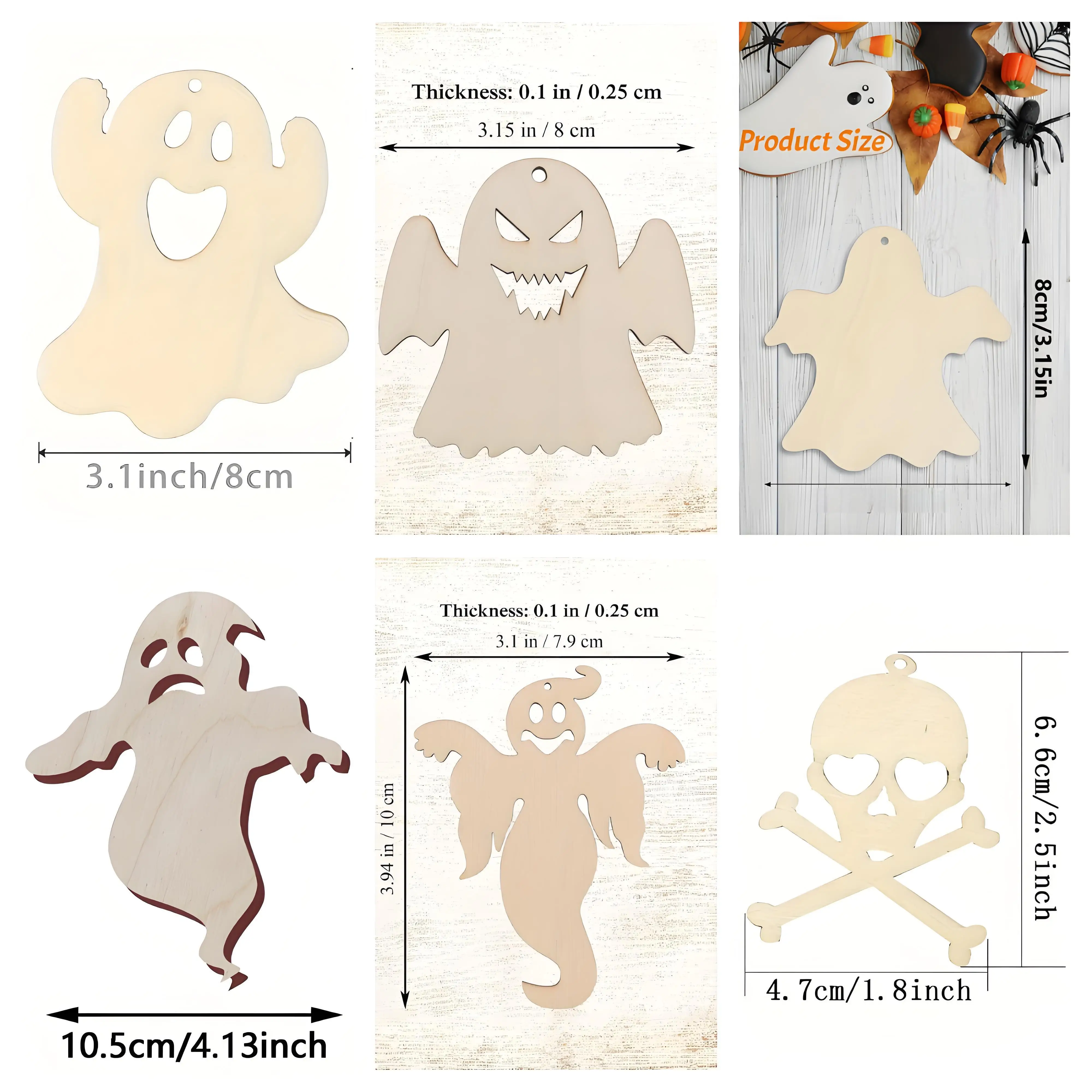 10 pcs Unfinished Wooden Halloween Cutout Ornaments Wooden Slices, Hanging Tags for Halloween Decorations