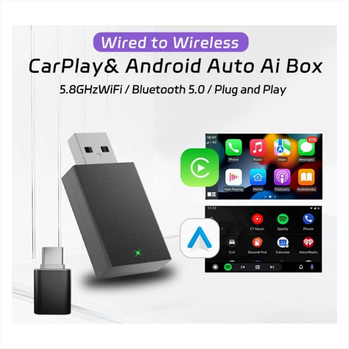 محول CarPlay Dongel اللاسلكي الصغير للسيارة، صندوق أوتوماتيكي ذكي يعمل بنظام Android سلكي إلى لاسلكي 2 في 1 #5