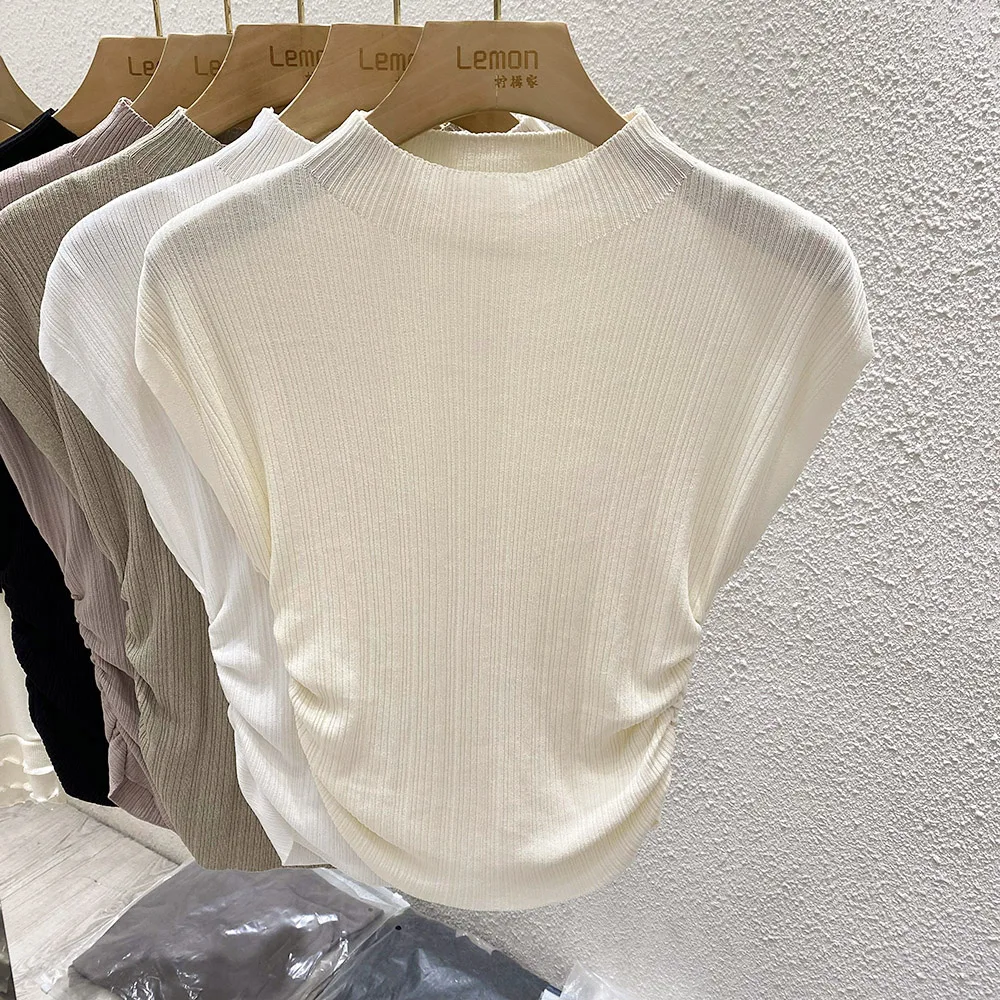 2026 Spring Summer Ice Silk Knit T-Shirt Half High Neck Waist Slimming Unique Design Slim Fit Short Sleeve Inner Tops