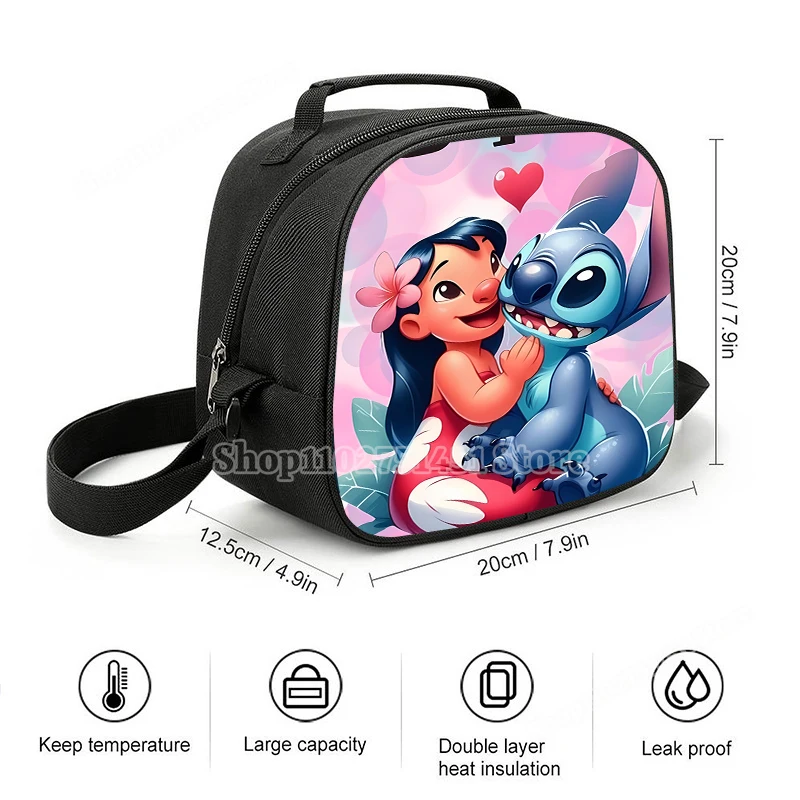 Lilo & Stitch Shoulder Lunch Bag Leakproof Cooler Tote Handbag Portable Thermal Food Bento Picnic Box Adjustable Shoulder Strap