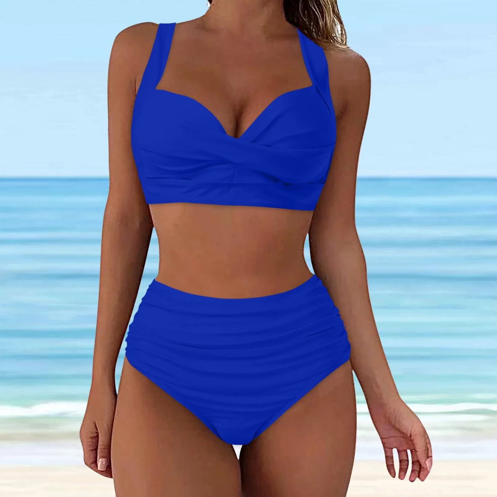 Women High Waisted Bikini Sexy Two Piece Push Up Swimsuits Classic Solid Color Wrinkled Lace Up Swimwear Maillot De Bain Femme