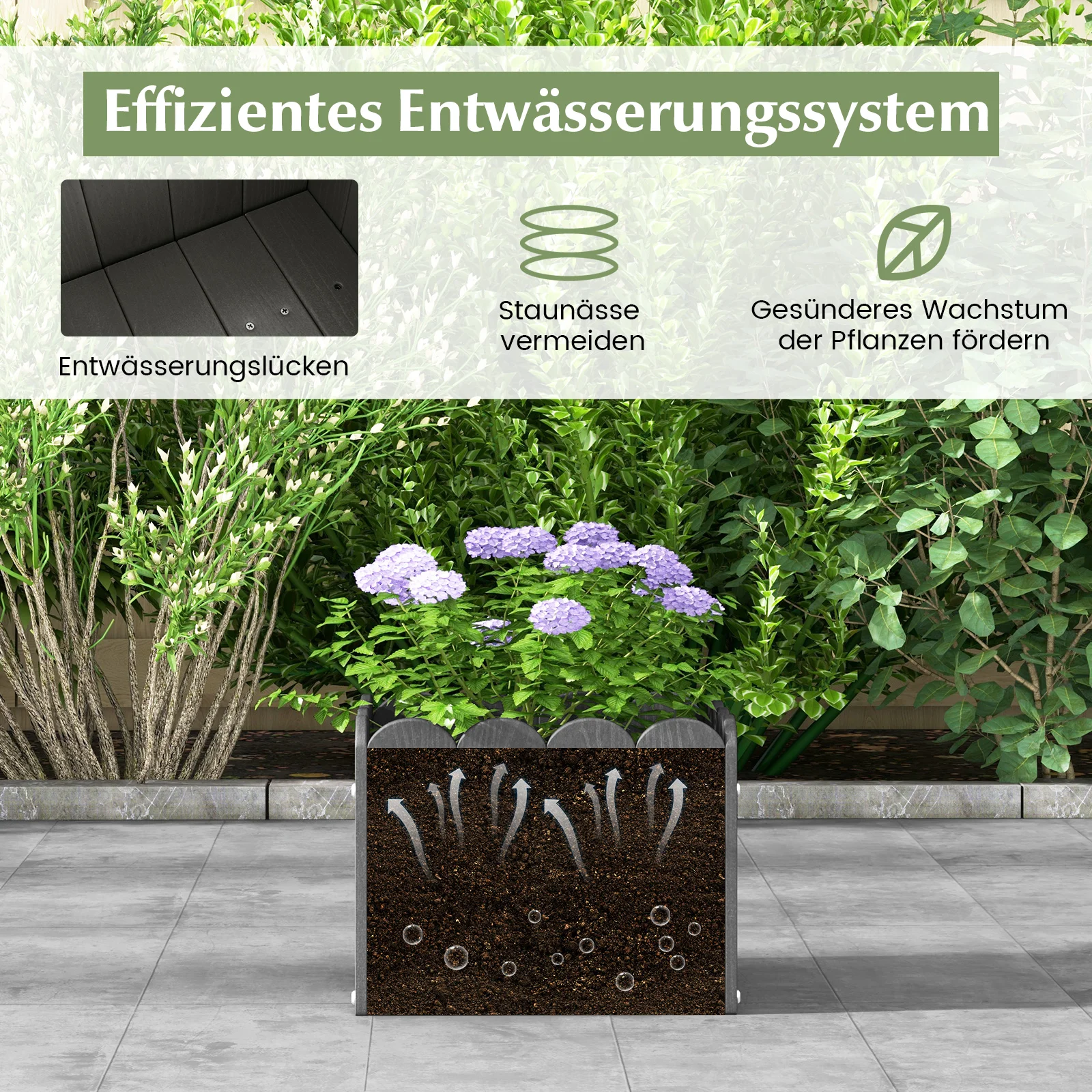 2 planters weatherproof, flower pots HDPE, garden flower box rectangular, flower bed with drainage gaps, raised bed flower pot