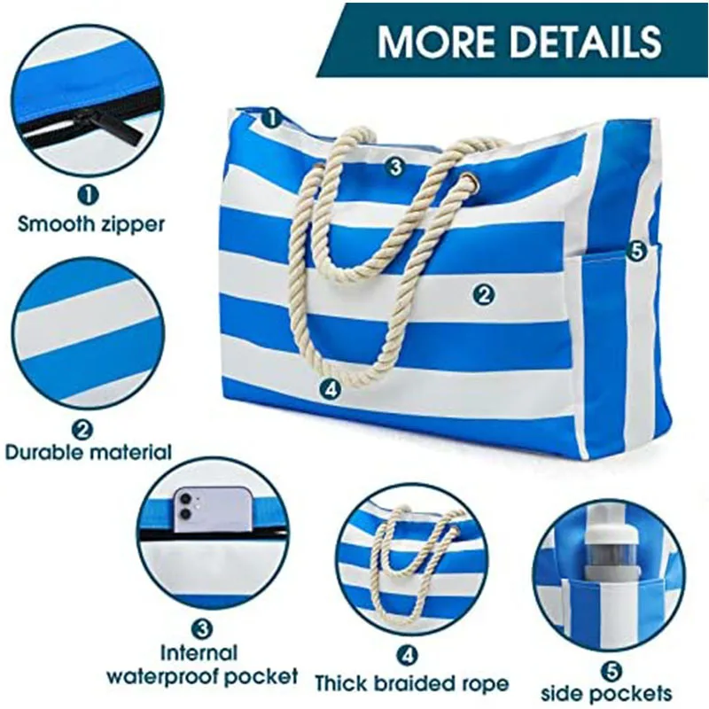 Striped Canvas Large Capacity Storage Bag Beach Tote Women Large Capacity Shoulder Bag Waterproof Portable Shopping Travel Bags