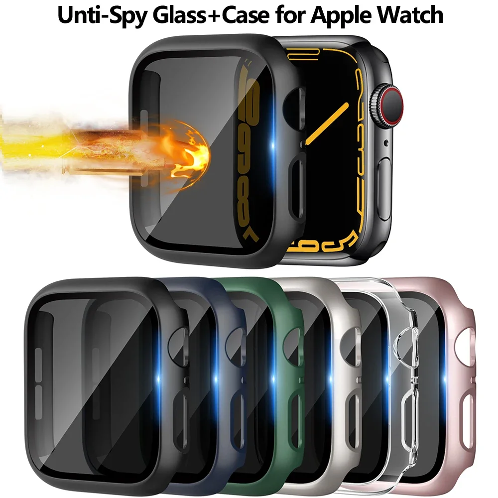 

Privacy Glass+Case for Apple Watch 45mm 44mm 41mm 40mm Unti-Spy Screen Protector Hard PC Cover Bumper For iWatch 9/8/7/SE/6/5/4