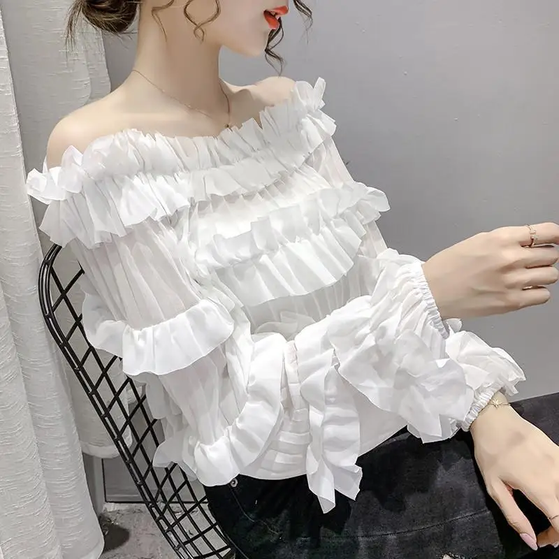 2023 Spring Summer New Fashion Sexy Off Shoulder Ruffle Elegant Chic Sweet Blouse Top Women Black White Slim Long Sleeve Shirts