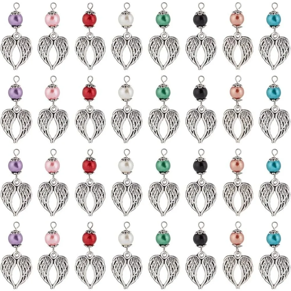 

32pcs Angel Wing Beads 8 Colors 8mm Round Pearl Beads with Wing Charms for DIY Necklace Bracelet Jewelry Keychain