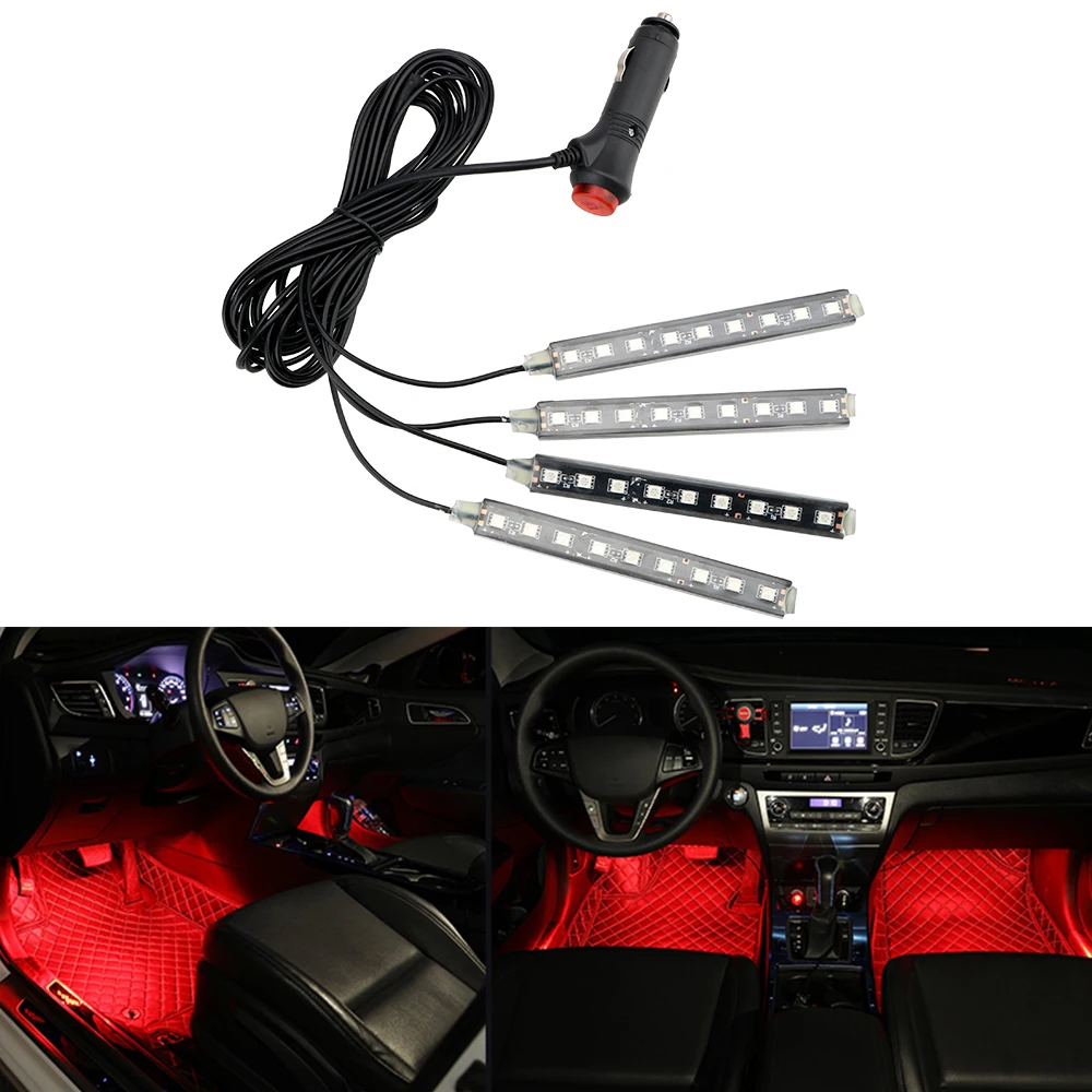 Dash Floor Foot Strip Lights Auto Decorative Lamp Cigarette Lighter Adapter 9 LED 4 In 1 Car Interior Atmosphere Lights