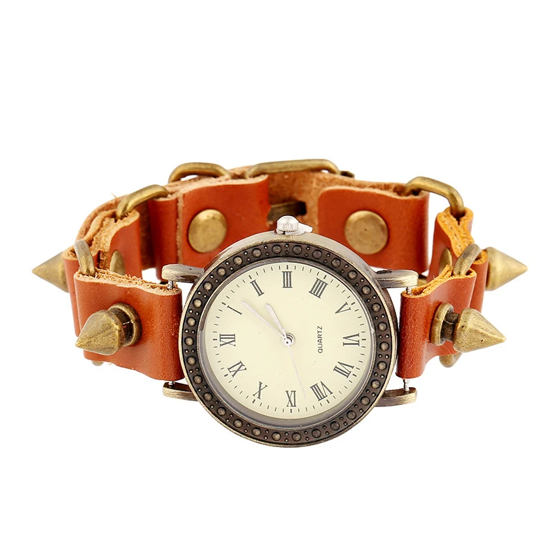 New Rome Vintage Brown Cow Leather Strap Watches Women Dress Bracelet Watches Female Quartz Wristwatch 2022 Punk Style Bangle