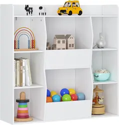 Kids Toy Storage and Bookshelf, Multifunctional Bookcase with 8 Cubbies and Bins, Open Kids Bookshelf Organizer Display Stand