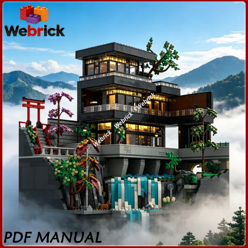 

Japanese Zen Waterfall Villa Bricks Modern Courtyard Home Detailed Assembly Gift For Architecture Hobby Fans