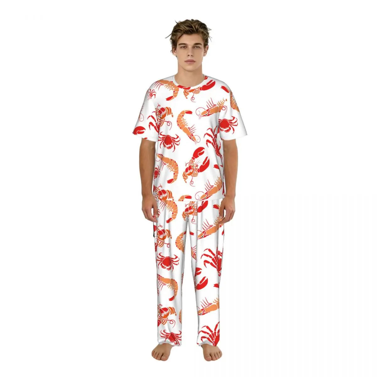 

Мужской пижамный костюм с короткими рукавами и длинными брюками, комплект для сна с принтом морского лобстера, летняя домашняя одежда