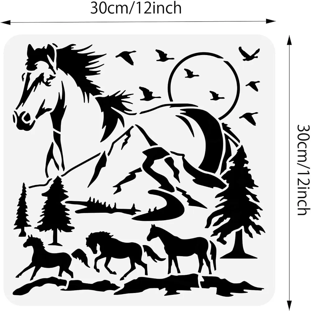 Horse Stencil 12x12inch Mountain Tree Scene Running Horse Stencil Reusable Painting Templates for Scrapbooking Fabric Floor