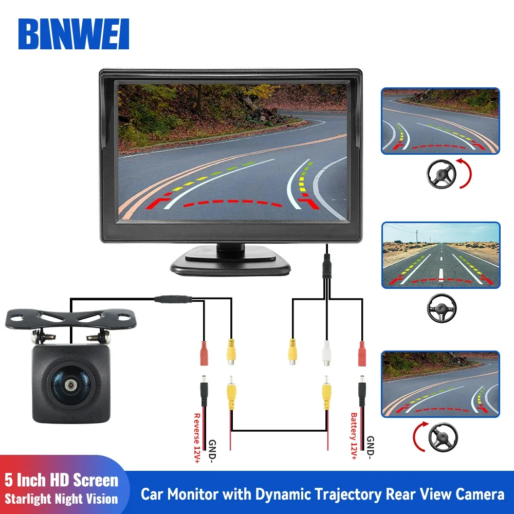 BINWEI Universal 5 Inch Car Parking Monitor with Dynamic Trajectory Rear View Camera for Automotive Backup Track Camera Screen