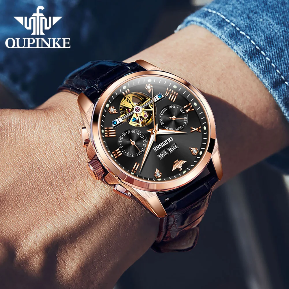 OUPINKE Leather Strap Mechanical Men\'s Watches Hollow Tourbillon Design Waterproof Original TOP Brand Wristwatch Man Dress