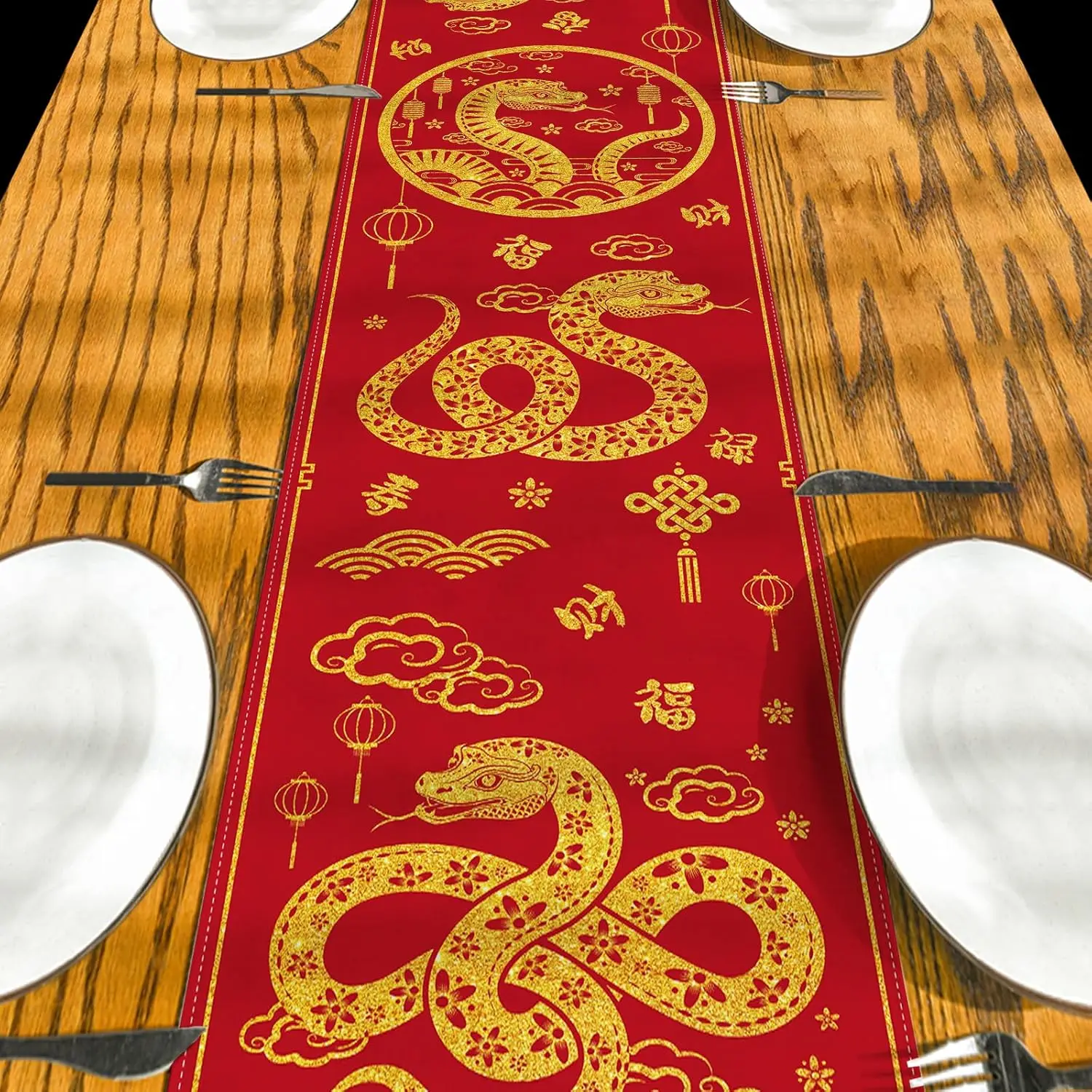 Happy New Year Linen Table Runner Home Party Decor Chinese 2025 Year of The Snake Table Runners China Spring Festival Decoration