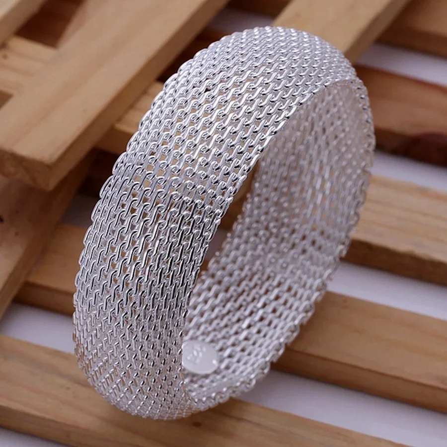 Fashion 925 Sterling Silver Bangle jewelry factory direct High quality elegant retro for women lady big mesh 6CM round bracelet