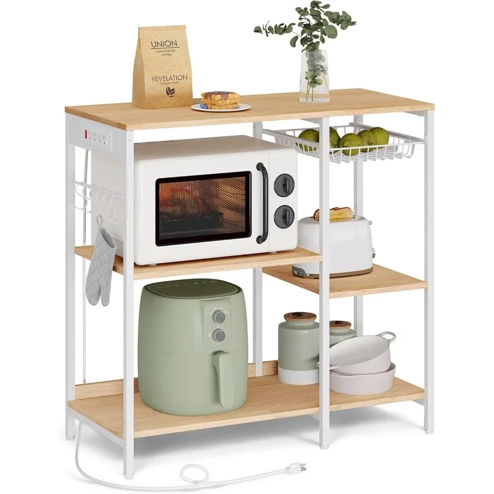 

Baker's Rack, Coffee Bar Stand with Charging Station, Storage Shelves, Pull-Out Wire Basket, Table for Microwave, Kitchen