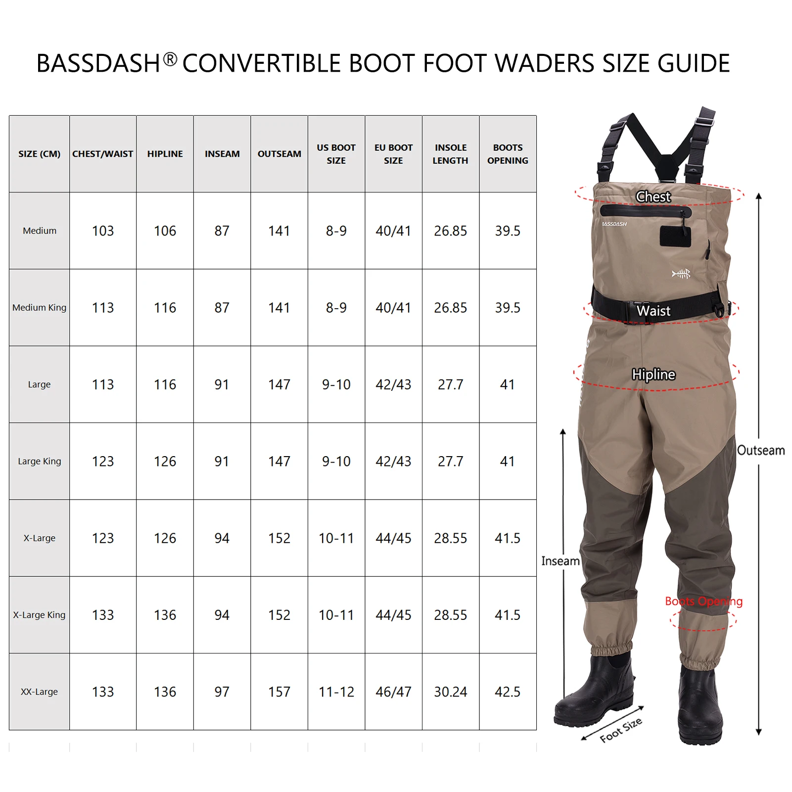 Bassdash Men Breathable Lightweight Chest and Waist Convertible Waders for Fishing and Hunting Long Pant With Boot Foot