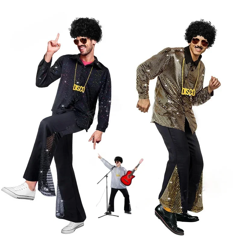 

2025 Year 60s 70s Hippie Halloween Costume Sequins Pants Shirt Tops Bell Bottom Men's Classic Casual Flared Pants Disco Costume