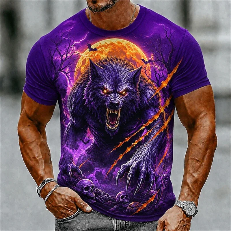 Fashion Men Fierce Werewolf Full Moon Halloween 3D Print T‑Shirt Purple Thunder Bat Skull Horror Graphic Streetwear Tee Tops