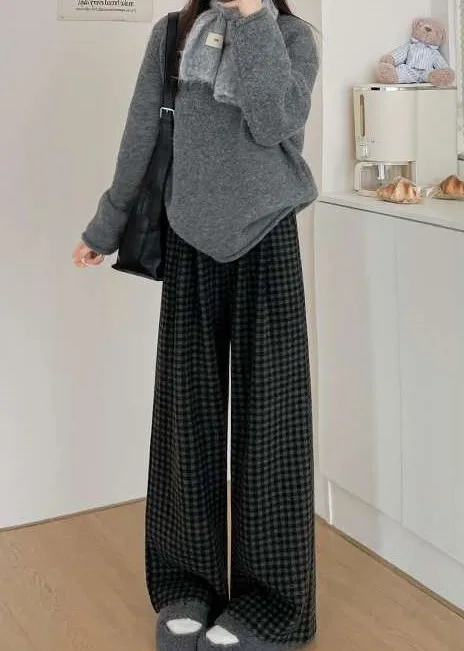 กางเกงขายาวทรงกว้างสำหรับวันหยุดพักผ่อน ผู้หญิง ฤดูใบไม้ร่วง ผ้าซาติน จีบ ทรงปกติ สง่างาม สไตล์มินิมอล ผ้าถักลายตารางแนวตั้ง ย้อนยุค