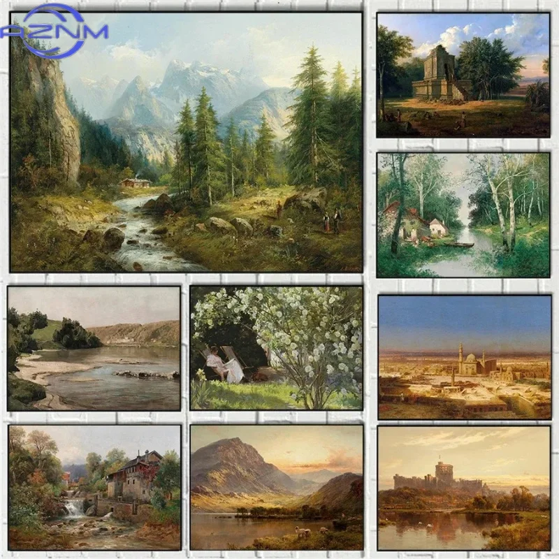 AZNM – affiche classique sur toile, paysage naturel rural, forêt, champ de blé, printemps et automne, peintures sur toile, images d'art murales, décoration de la maison