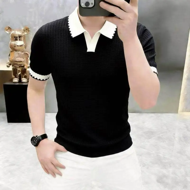2026 Summer New Style Men's Short-Sleeved Lightweight Casual Striped Open-Weave Knitted Polo Shirt