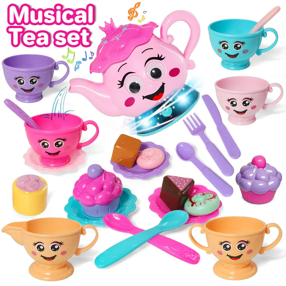 مجموعة إبريق شاي التظاهر بالشاي بعد الظهر للفتيات الصغيرات، لعبة وقت شاي الأميرة بعد الظهر، إبريق شاي كرتوني للموسيقى، لعبة مطبخ ديم سوم #1