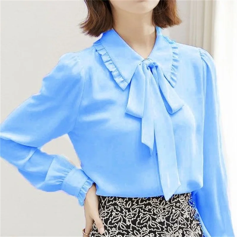 Woman Spring Autumn Style Blouses Shirts Lady Casual Long Sleeve Stand Collar Bow Tie Decor Blusas Top G2642