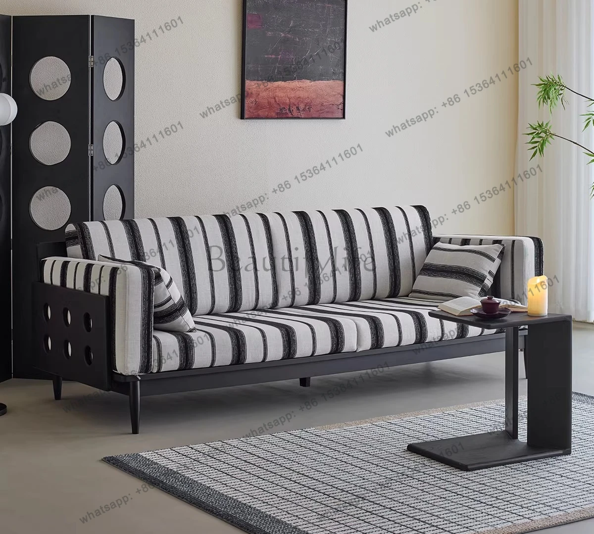 Ink white solid wood fabric sofa retro medieval style living room three-person straight row sofa removable and washable