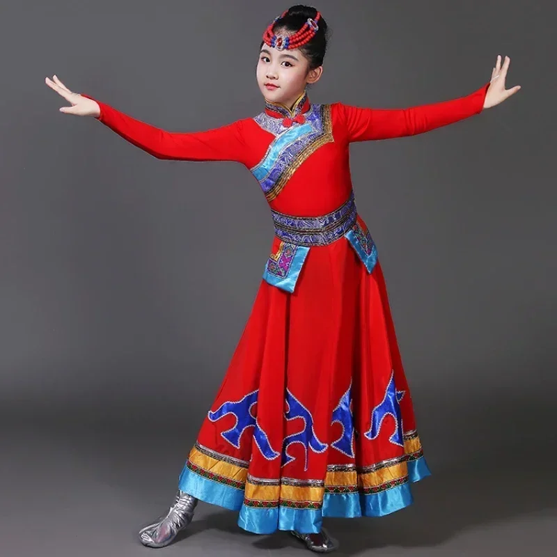 Children Mongolian Dance Costume Chinese Ancient National Dance Dress Stage Dancewear Girl Tibetan Dance Outfit Minority Costume