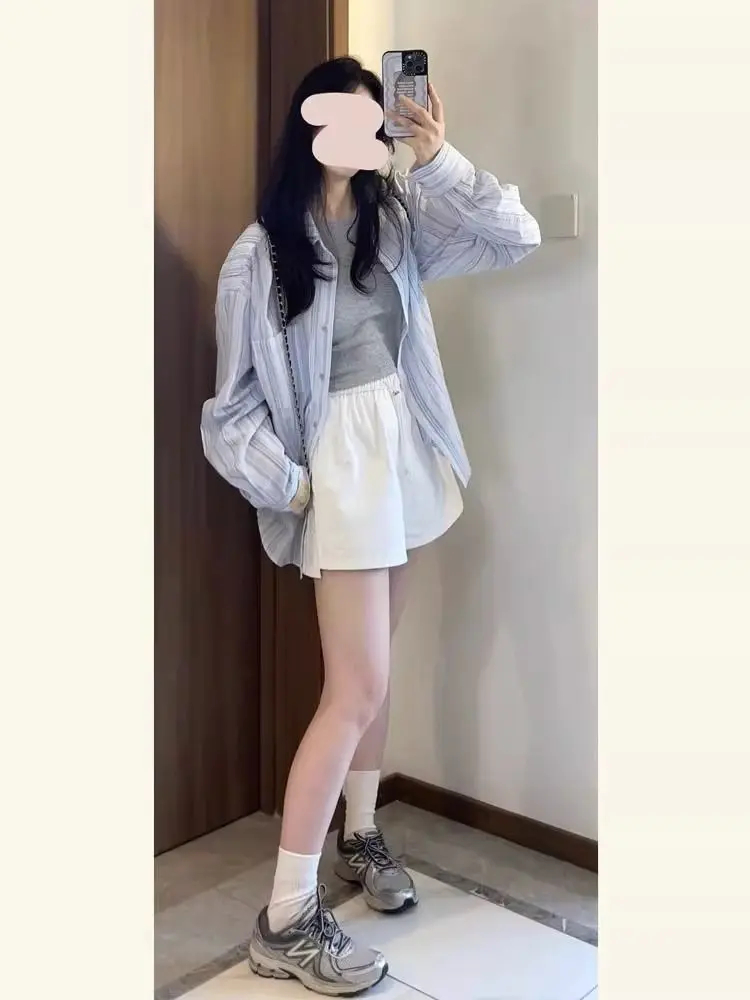 블루 스트라이프 셔츠 여성용 긴팔 봄 가을 2024 신상 디자인 슬림핏 폴로 칼라 버튼 다운 다용도 아우터웨어