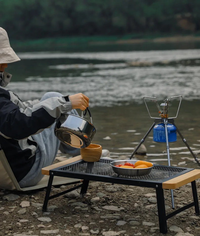 

Outdoor Camping Folding Table Portable Solid Wood Egg Roll Iron Mesh Picnic Table and Chair Set Simple Anti-scald Mesh Table