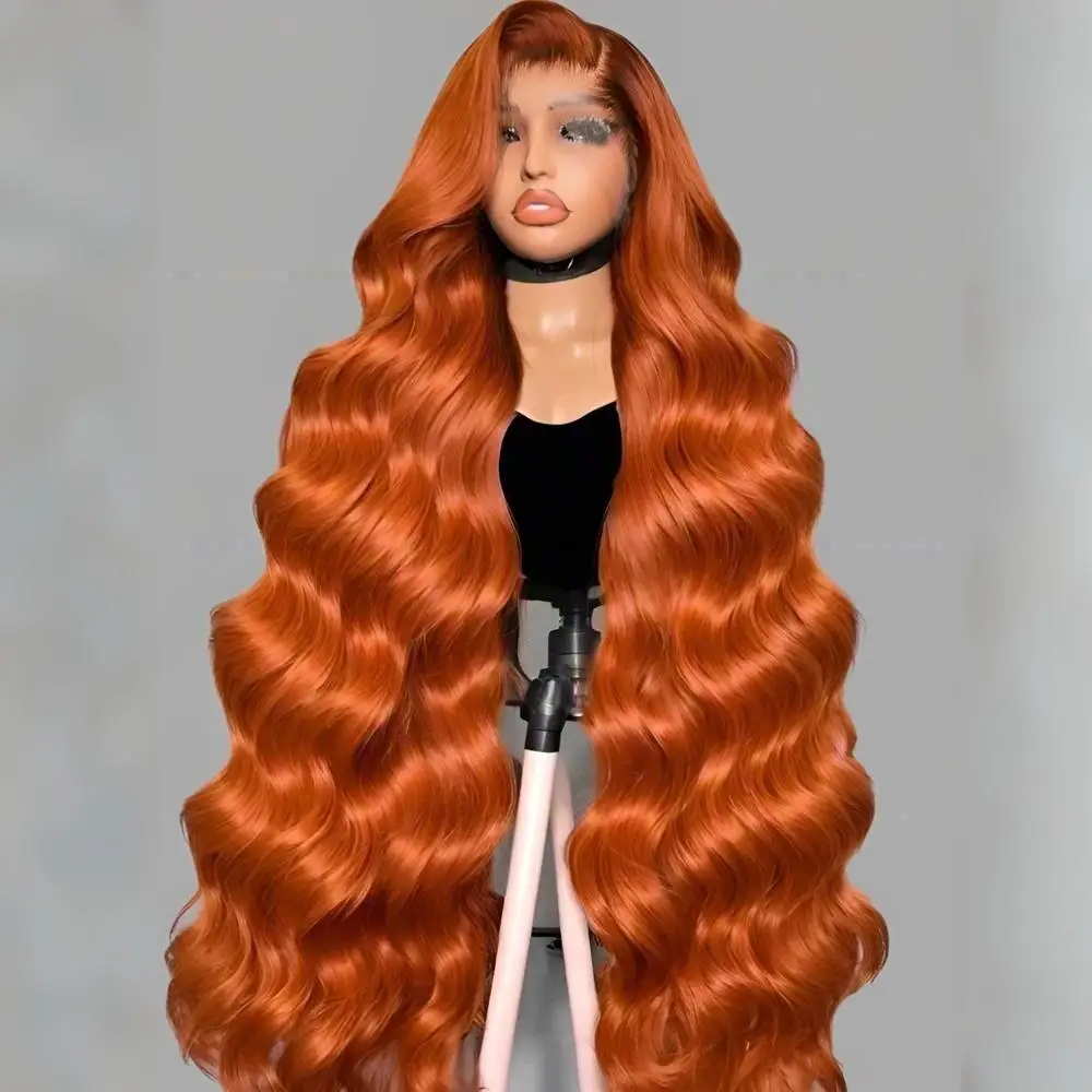 

Имбирно-оранжевый 30-дюймовый парик фронта шнурка Человеческие волосы Объемная волна Волнистые 13x4 HD Кружевной передний бесклеевой имбирный парик Человеческие волосы Плотность 200%