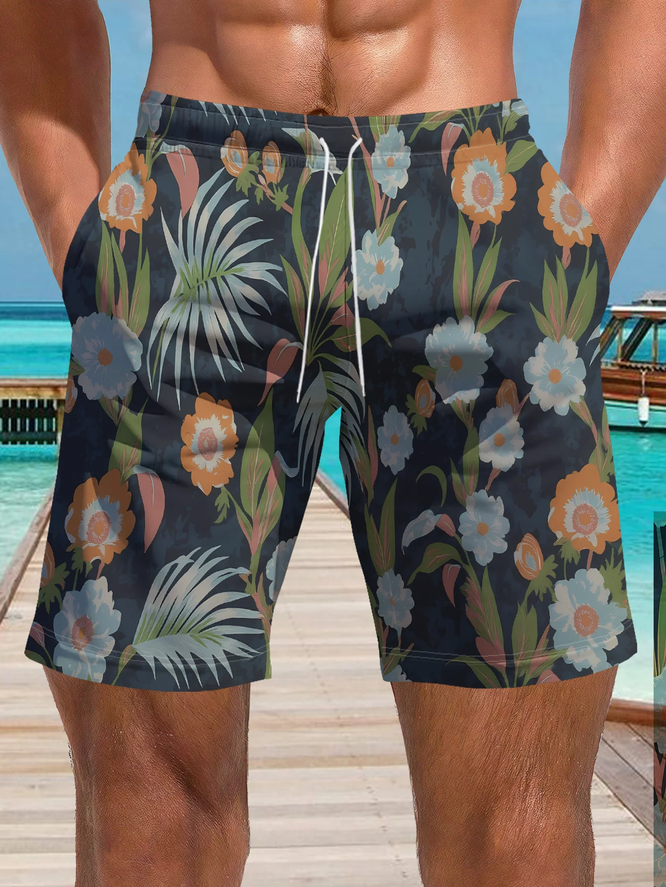 Mens Dark Tropical Floral Palm Print Quick Dry Drawstring Waist Beach Shorts Swim Trunks 2026