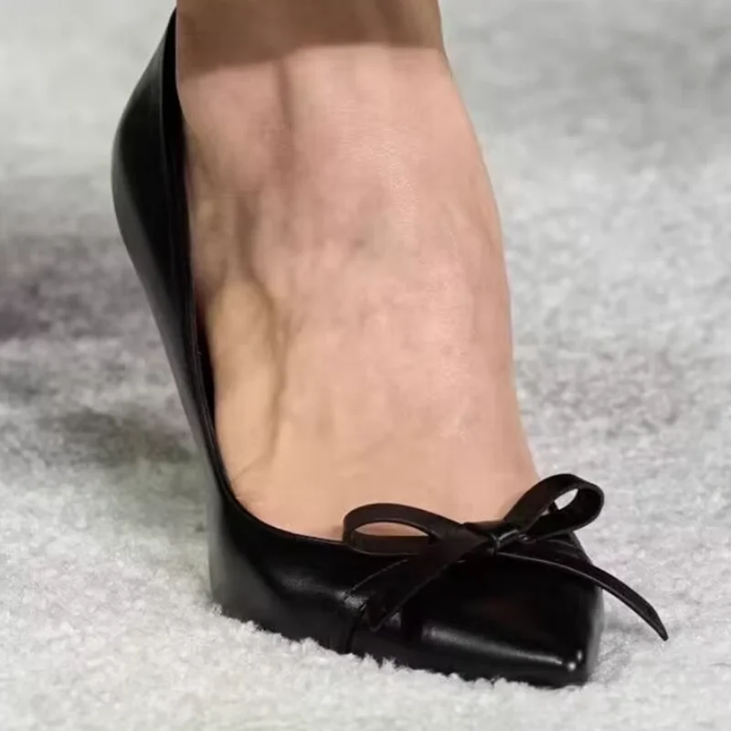 

Fuchsia Matte Leather Bowtie Knot High Heel Pumps Black PU Pointed Toe Slip On Women Banquet Dress Shoes