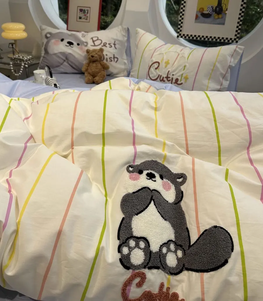 

Cute towel embroidery otter stripes bedding set 1.2 1.5 1.8,twin full queen cotton home textile bed sheet pillowcase quilt cover