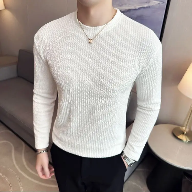 

Высококачественная мужская футболка вафельного трикотажа с текстурированными складками, приталенная однотонная верхняя одежда с длинными рукавами и уютный вязаный топ с текстурой