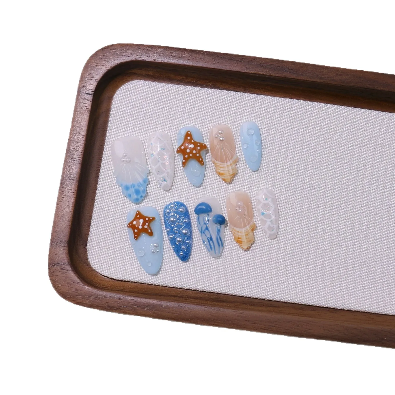 10Pcs Luxury Handmade French Press on Nails Ocean Summer Holiday Starfish Pearl Design Almond Fake Nails Wearable False Nail Tip