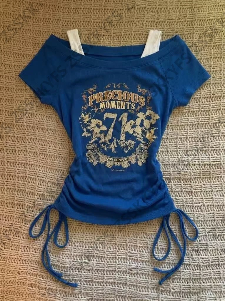 American Y2k Vintage Hot Girl Streetwear 2000s false 2-Piece Tshirts Off-Shoulder Sexy Korea Gothic Kpop Women's T-shirt Clothes