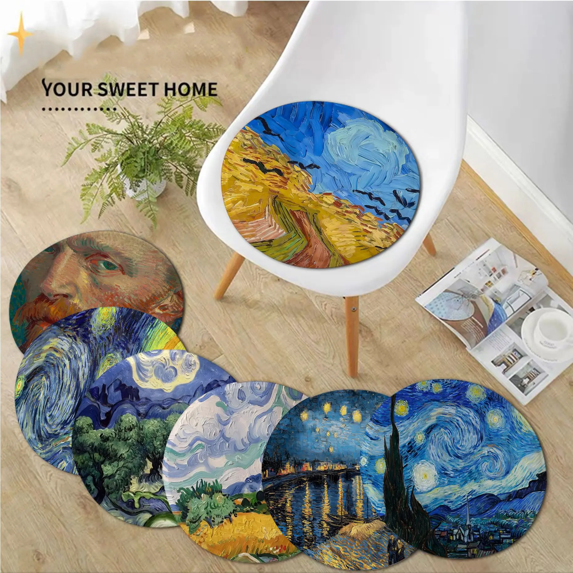 

Van Gogh Oil Painting Art Cushion Mat Round Seat Cushion Office Dining Stool Pad Sponge Sofa Mat Non-Slip Chair Cushions