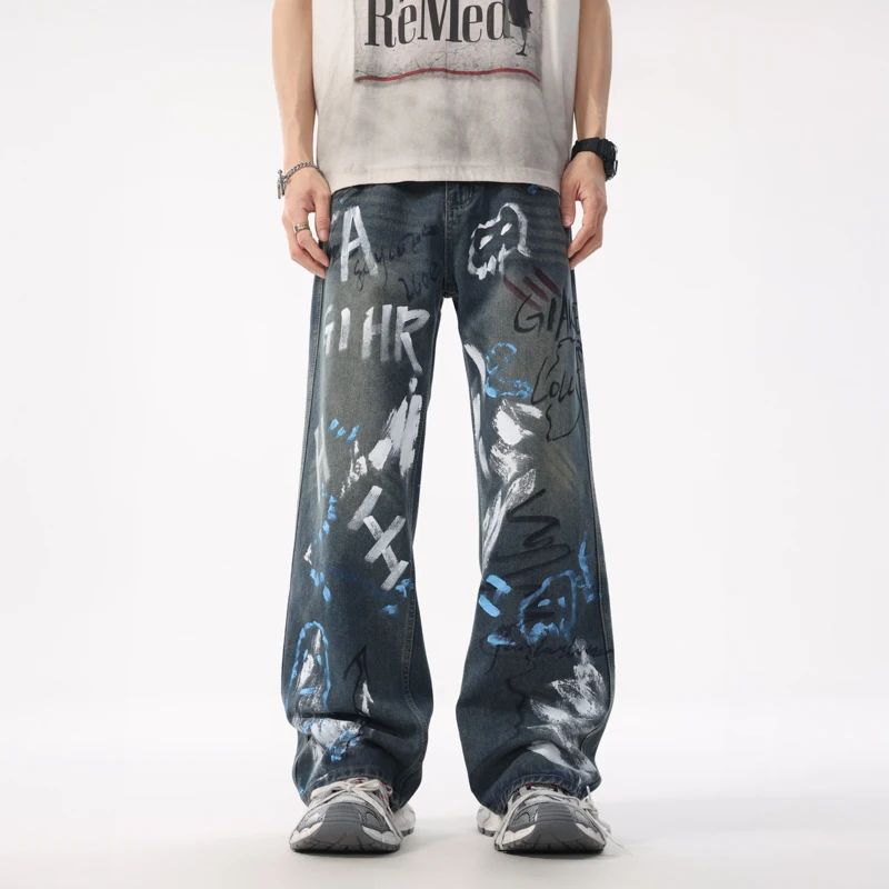 XL8875 European summer tide jeans loose graffiti straight trousers high street retro washed nostalgia trousers