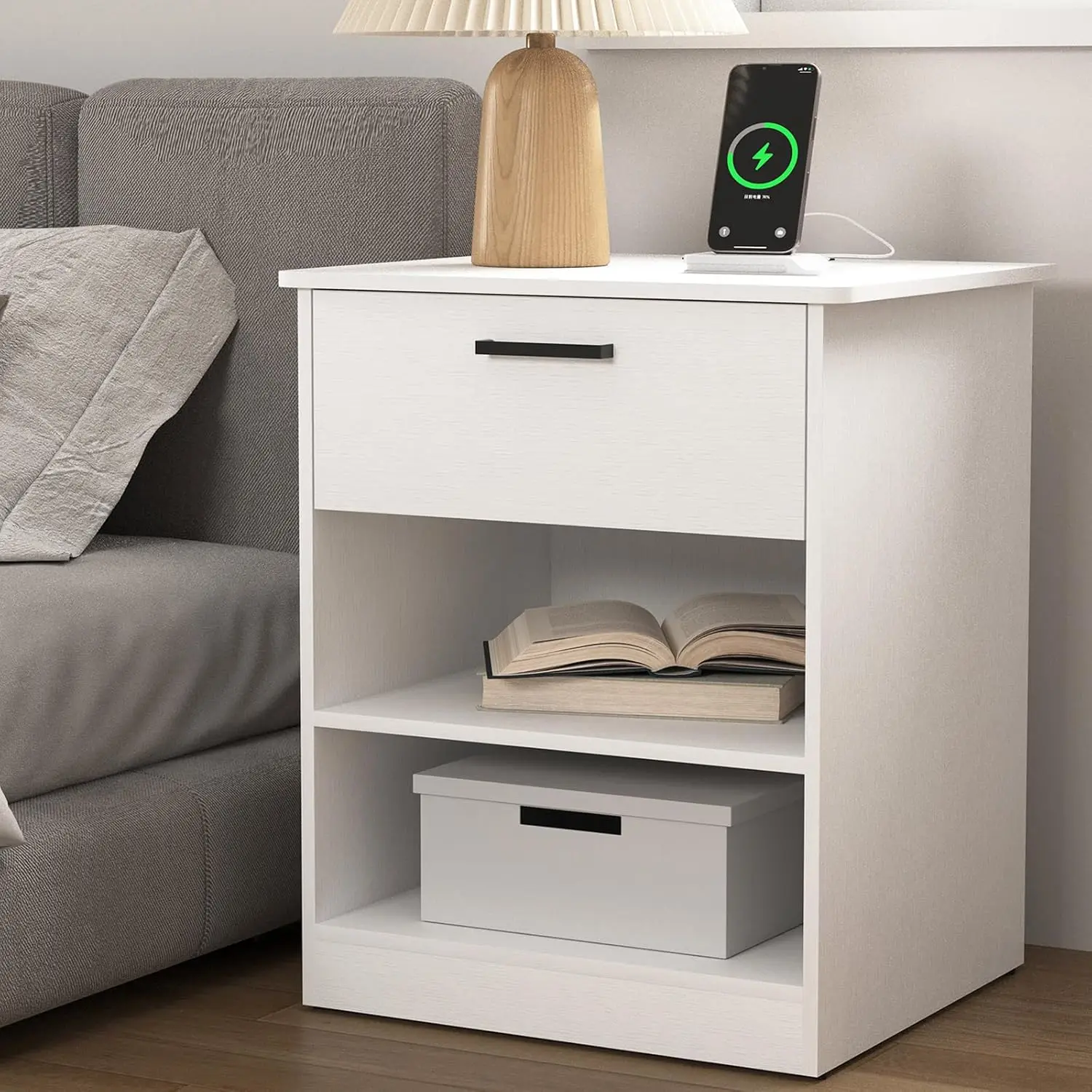 

Night Stand with Charger Station, Modern Nightstand with USB Type-C Ports and AC Outlets, Large Bedside Table with 2 Drawers and