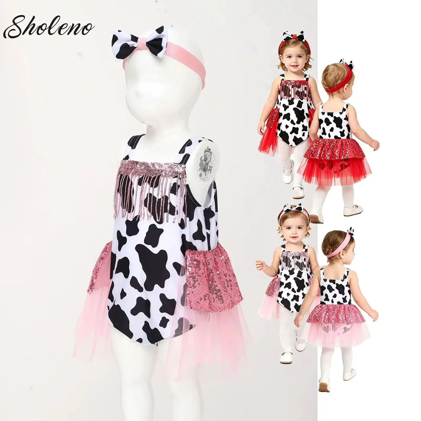 

Kids Girls Ballet Dance Tutu Dress Western Cowgirl Bodysuit Sleeveless Sequins Cow Figure Skating Gymnastics Leotard Dress
