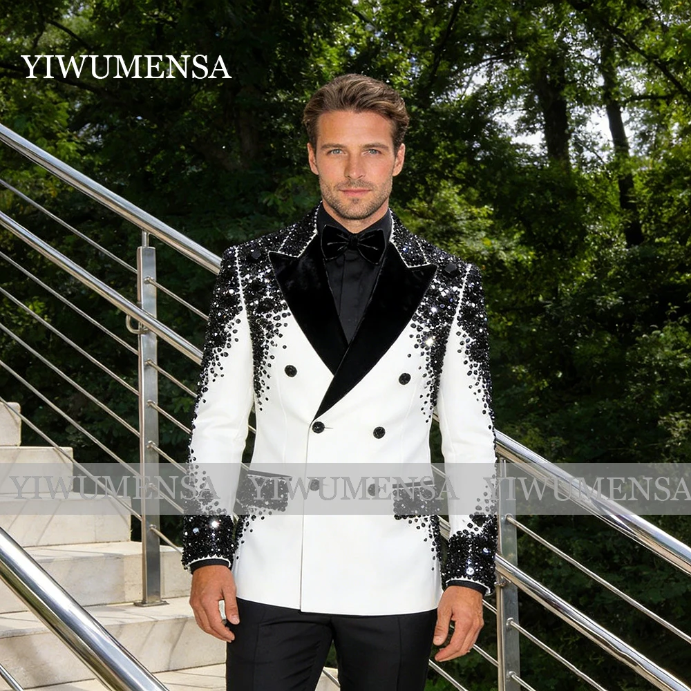 

Элегантный мужской костюм для свадьбы: черный пиджак с острыми лацканами, брюки, украшенные бисером и кристаллами, комплект из 2 предметов, формальная одежда, смокинг
